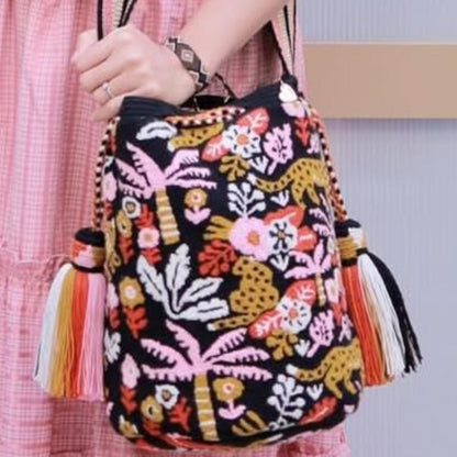 Costa Wayuu Large Wayuu Bag – Jungle Vibes with Tigers & Pink Palms - CostaWayuuShop
