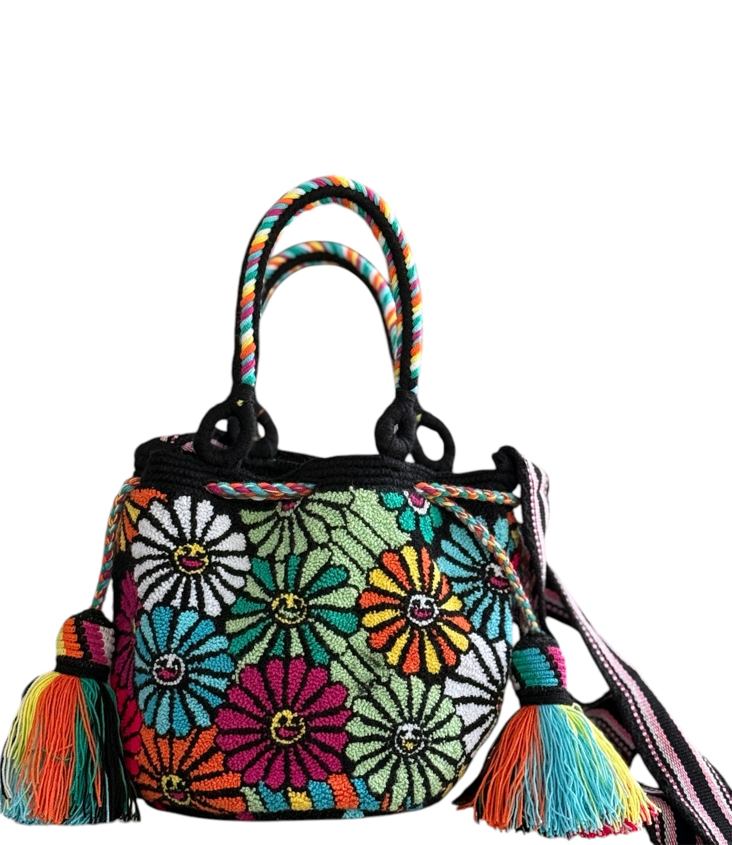 Costa Wayuu Medium Handmade Wayuu Flower Bag – Retro Hippie Style – Double Strap - CostaWayuuShop