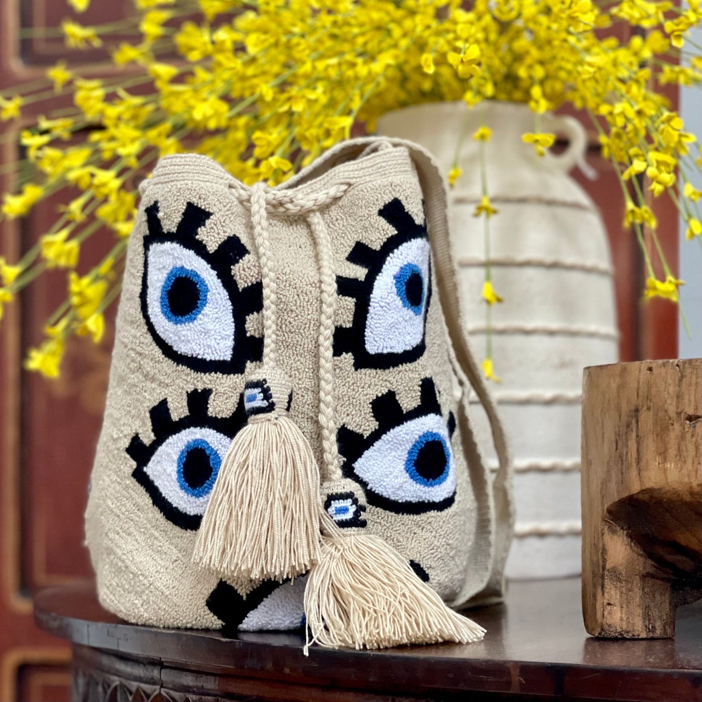 Costa Wayuu Large Handwoven Wayuu Bag – Eye Motif in Blue & Black - CostaWayuuShop