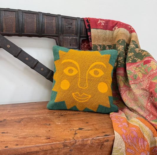 Costa Wayuu Handmade Smiling Sun Throw Pillow – Boho Puyado Embroidery for Playful Home Decor - CostaWayuuShop