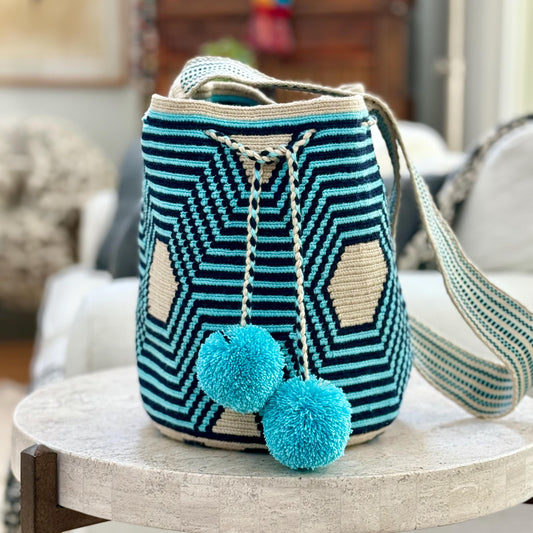Costa Wayuu Turquoise & Off-White Wayuu Crossbody – Handmade in Colombia - CostaWayuuShop