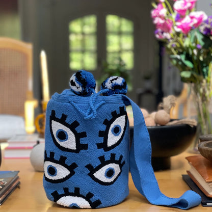 Bold Evil Eye Wayuu Bag – Large Handwoven Statement Piece-Bohemian Style.