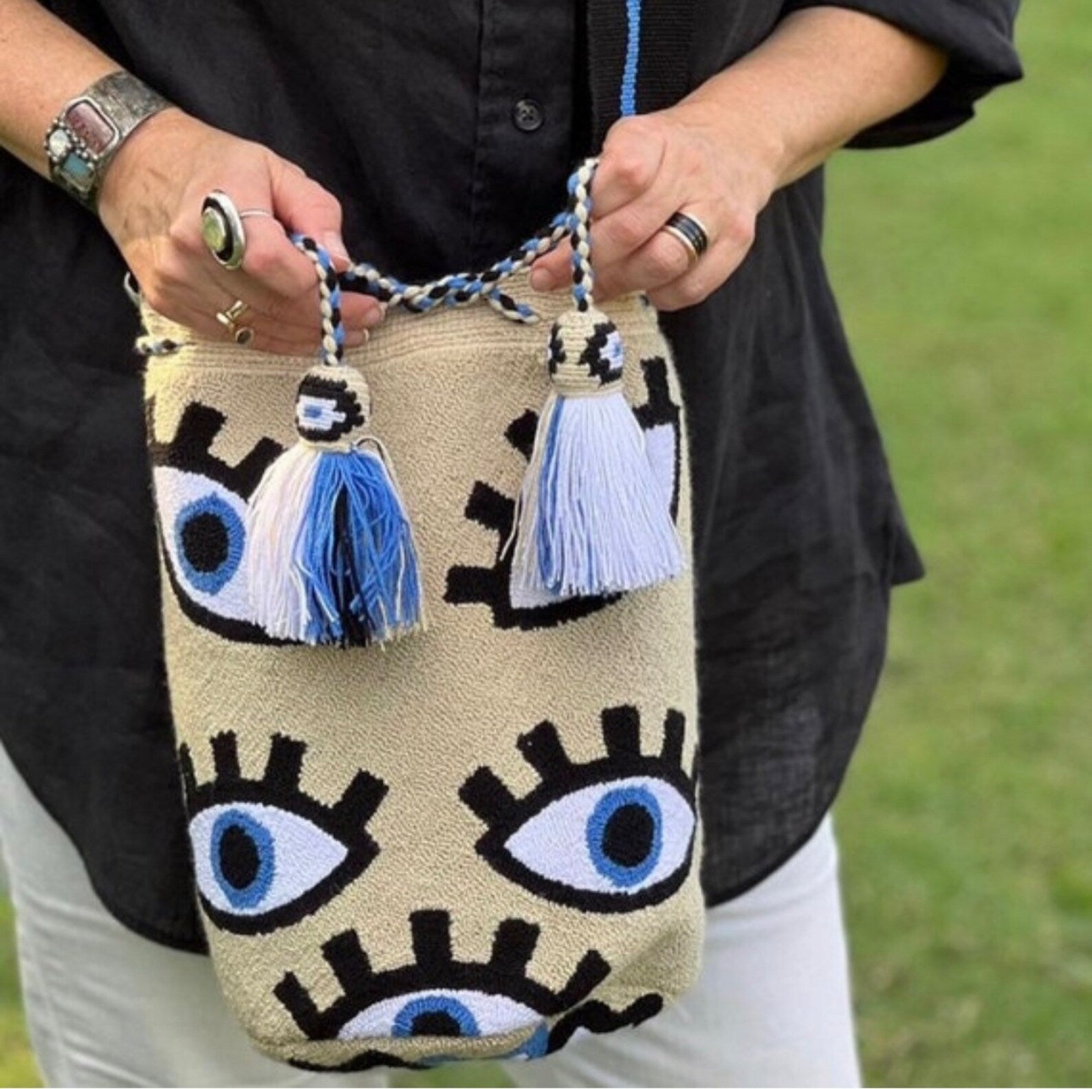 Costa Wayuu Large Handwoven Wayuu Bag – Eye Motif in Blue & Black - CostaWayuuShop