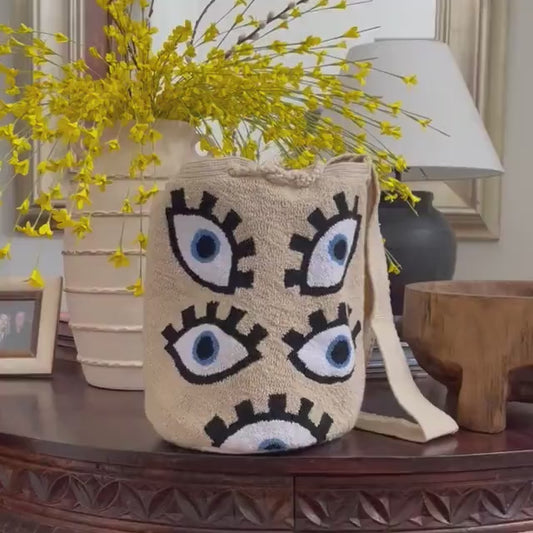 Costa Wayuu Large Handwoven Wayuu Bag – Eye Motif in Blue & Black