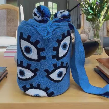 Bold Evil Eye Wayuu Bag – Large Handwoven Statement Piece-Bohemian Style.